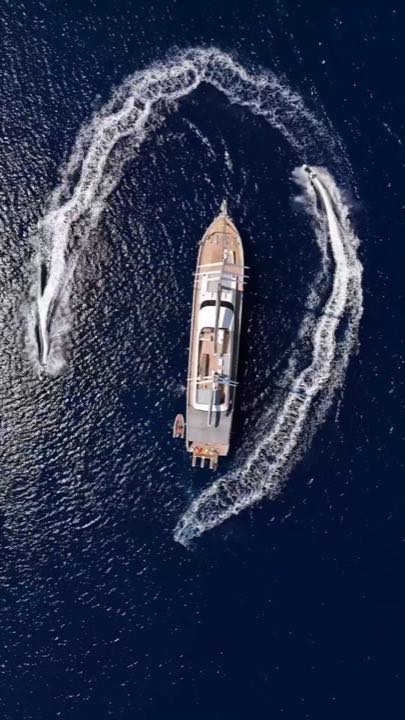Quşbaxışı kadr: gulet dənizdə dayanıb, iki jet-ski onun ətrafında dairə cızır